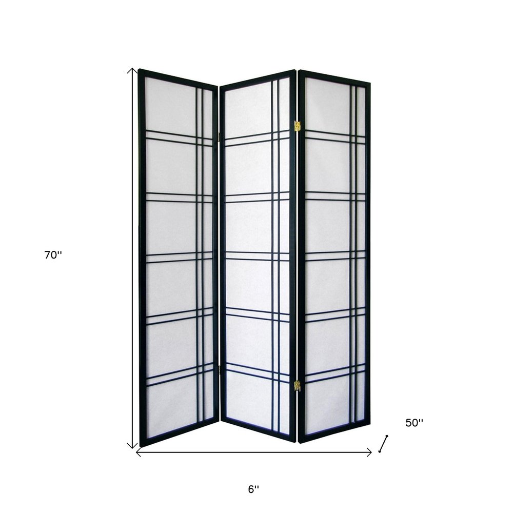 70" Black And White Heavy Duty Rice Paper Folding Three Panel Screen Room Divider HomeRoots