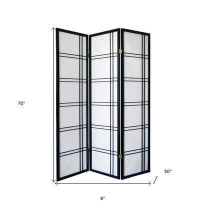 70" Black And White Heavy Duty Rice Paper Folding Three Panel Screen Room Divider HomeRoots
