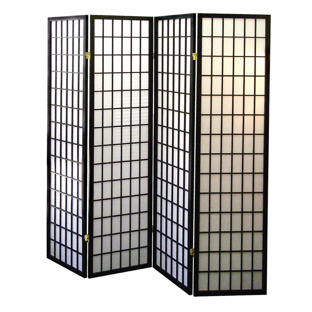 70" Black And White Heavy Duty Rice Paper Folding Four Panel Screen Room Divider HomeRoots
