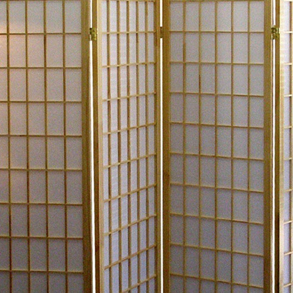 70" Brown Heavy Duty Rice Paper Folding Four Panel Screen Room Divider HomeRoots