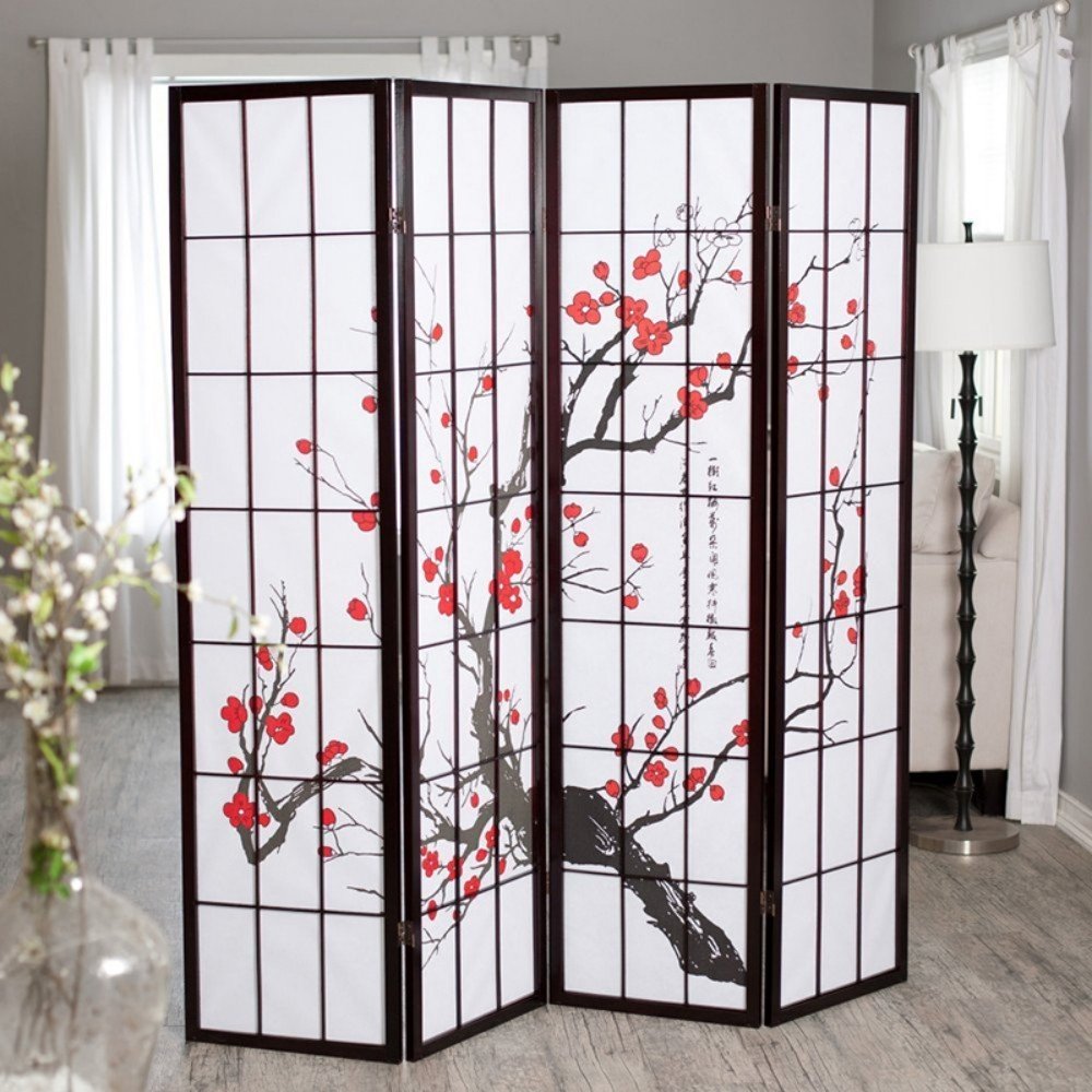 70" Black And White Heavy Duty Rice Paper Folding Four Panel Screen Room Divider HomeRoots