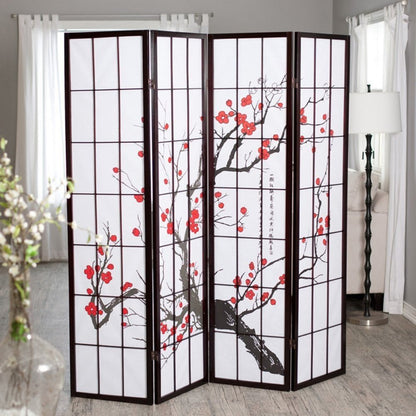 70" Black And White Heavy Duty Rice Paper Folding Four Panel Screen Room Divider HomeRoots
