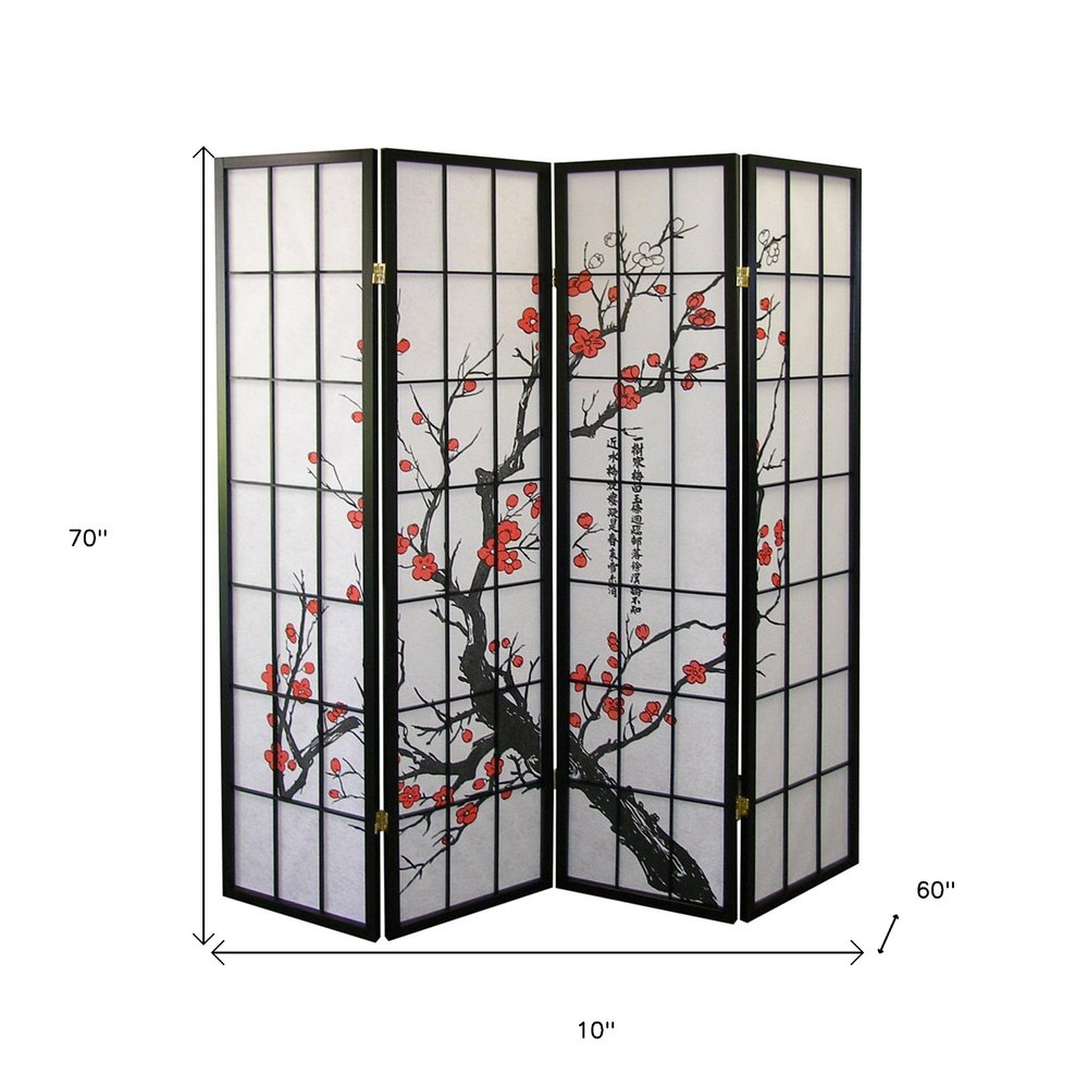 70" Black And White Heavy Duty Rice Paper Folding Four Panel Screen Room Divider HomeRoots