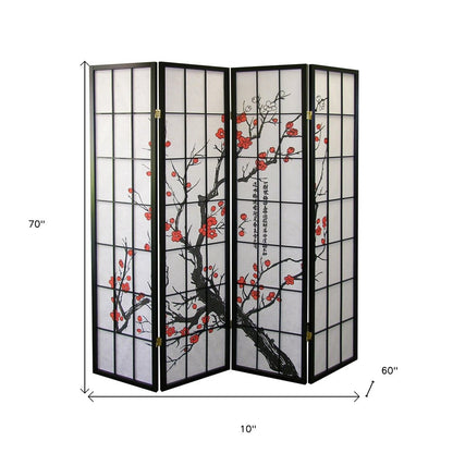 70" Black And White Heavy Duty Rice Paper Folding Four Panel Screen Room Divider HomeRoots