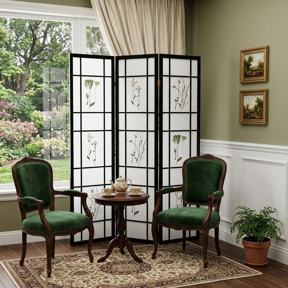 70" Black And White Heavy Duty Rice Paper Folding Three Panel Screen Room Divider HomeRoots