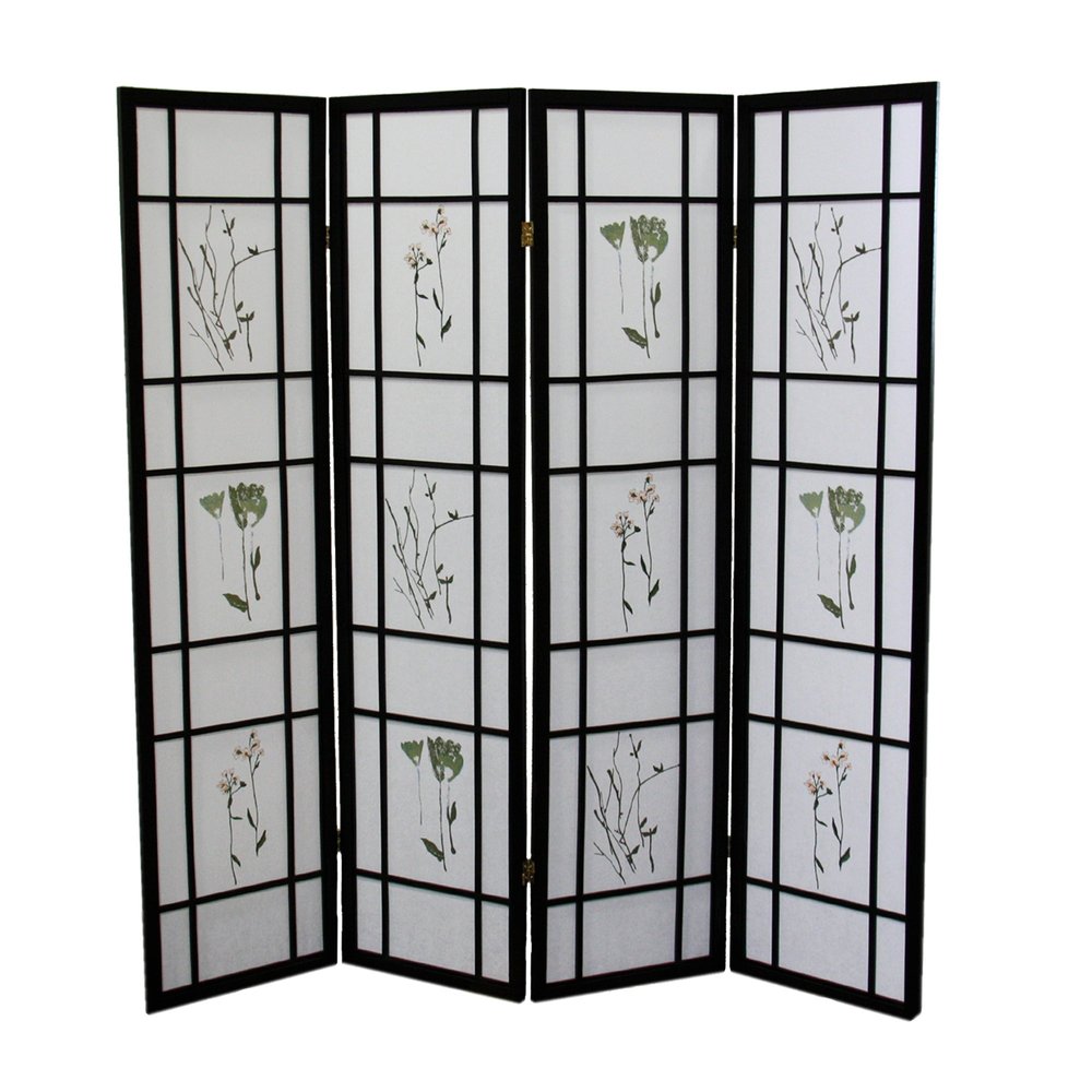 70" Black And White Heavy Duty Rice Paper Folding Four Panel Screen Room Divider HomeRoots