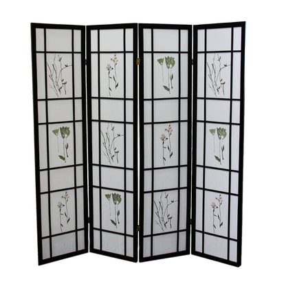 70" Black And White Heavy Duty Rice Paper Folding Four Panel Screen Room Divider HomeRoots
