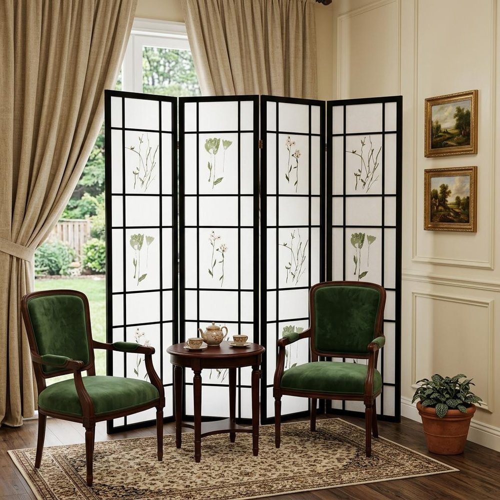 70" Black And White Heavy Duty Rice Paper Folding Four Panel Screen Room Divider HomeRoots