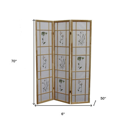 70" Brown And White Heavy Duty Rice Paper Folding Three Panel Screen Room Divider HomeRoots