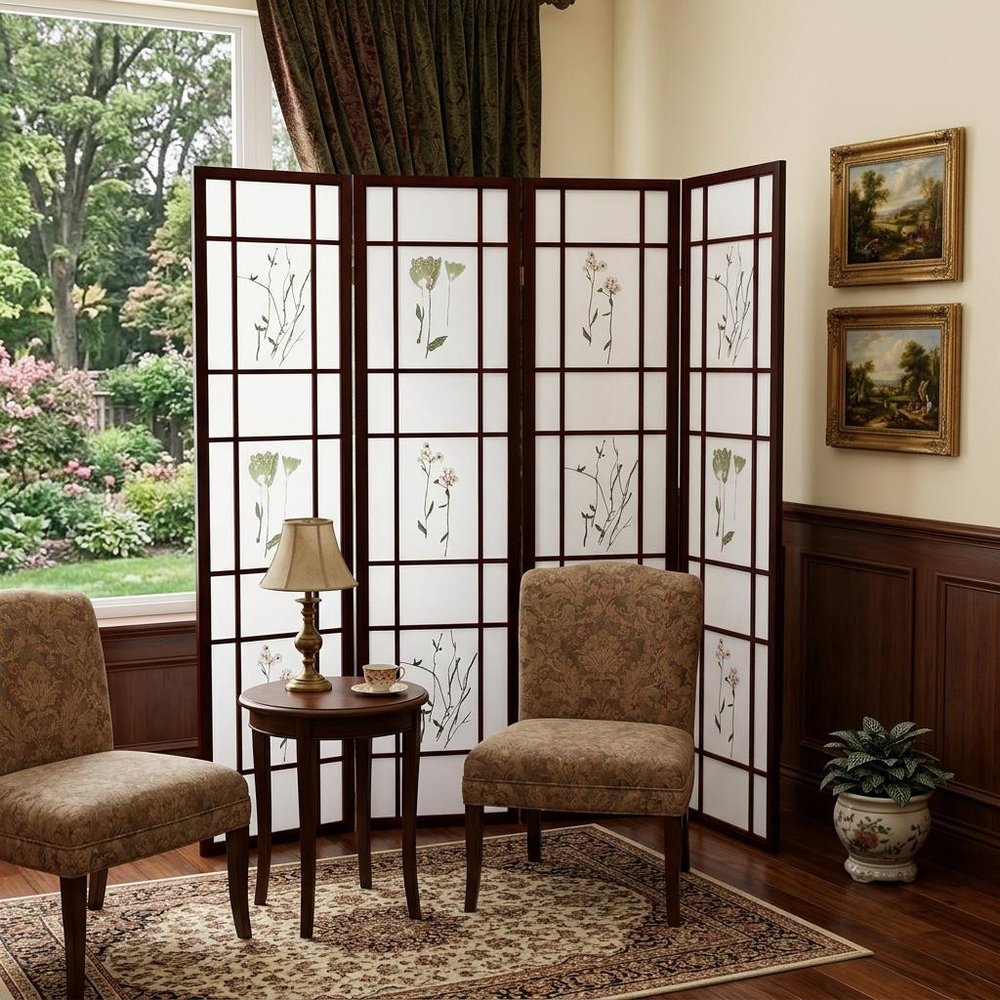 70" Brown Heavy Duty Rice Paper Folding Four Panel Screen Room Divider HomeRoots