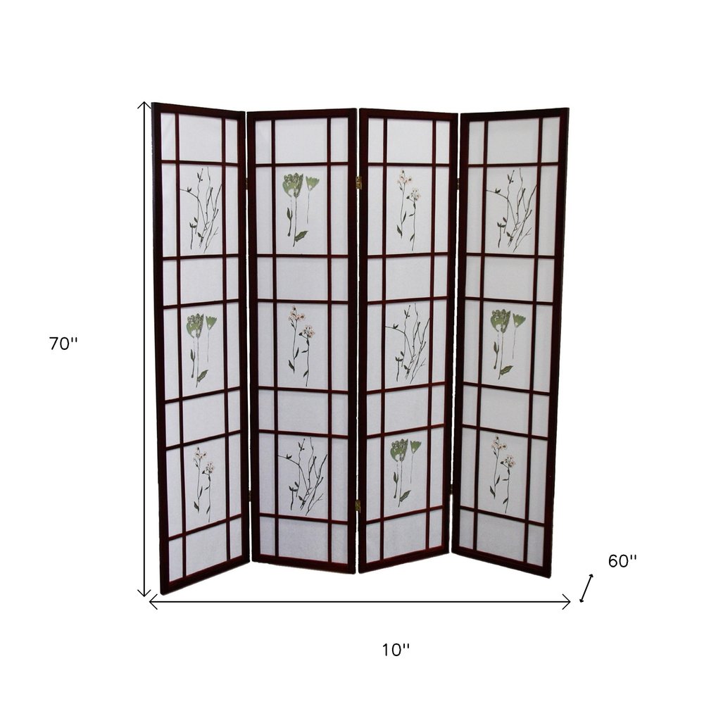 70" Brown Heavy Duty Rice Paper Folding Four Panel Screen Room Divider HomeRoots