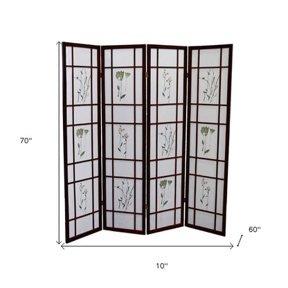 70" Brown Heavy Duty Rice Paper Folding Four Panel Screen Room Divider HomeRoots