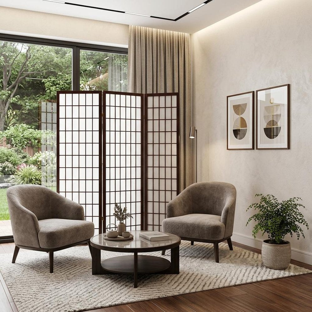 70" Brown Heavy Duty Rice Paper Folding Three Panel Screen Room Divider HomeRoots