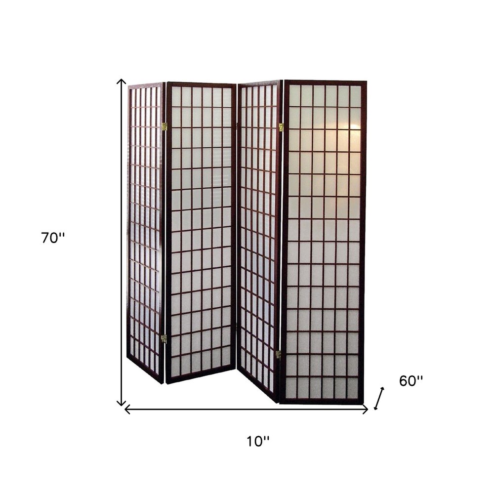 70" Brown Heavy Duty Rice Paper Folding Four Panel Screen Room Divider HomeRoots