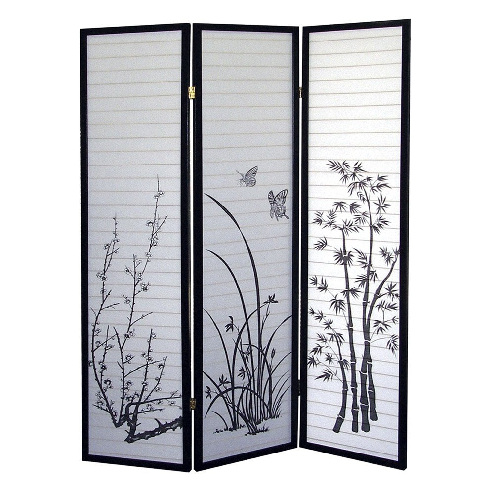 70" Black And White Heavy Duty Rice Paper Folding Three Panel Screen Room Divider HomeRoots