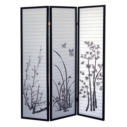 70" Black And White Heavy Duty Rice Paper Folding Three Panel Screen Room Divider HomeRoots