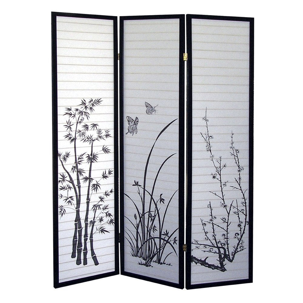 70" Black And White Heavy Duty Rice Paper Folding Three Panel Screen Room Divider HomeRoots