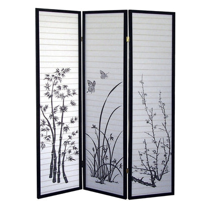 70" Black And White Heavy Duty Rice Paper Folding Three Panel Screen Room Divider HomeRoots
