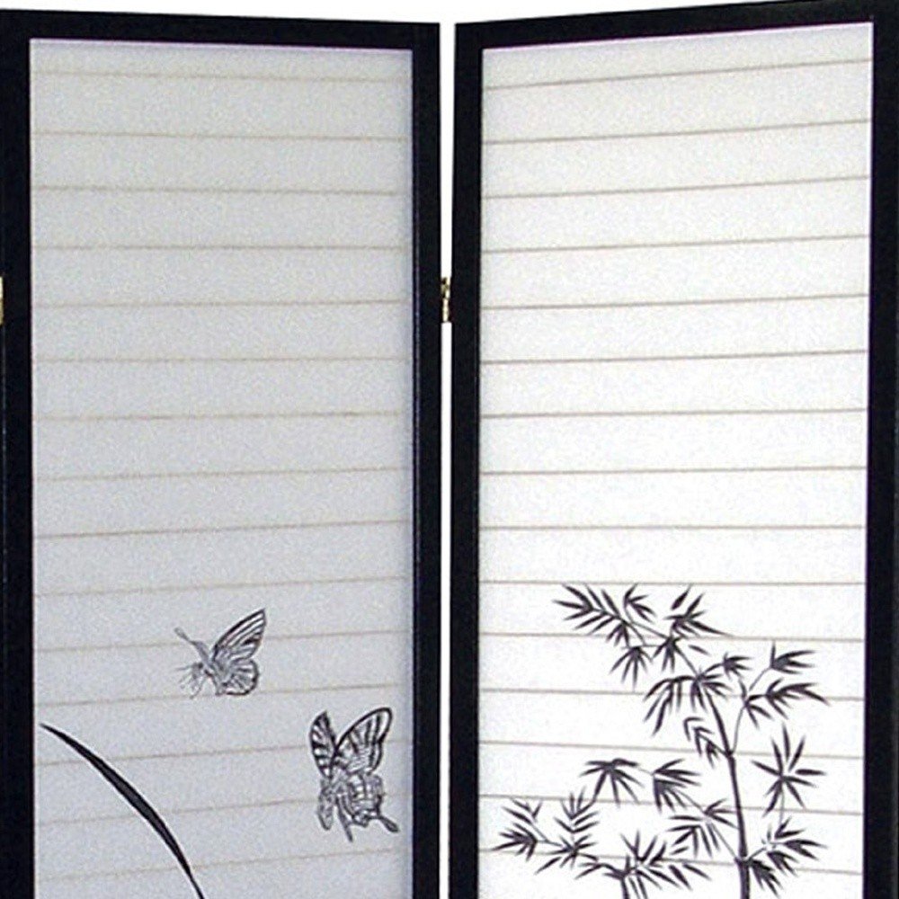 70" Black And White Heavy Duty Rice Paper Folding Three Panel Screen Room Divider HomeRoots