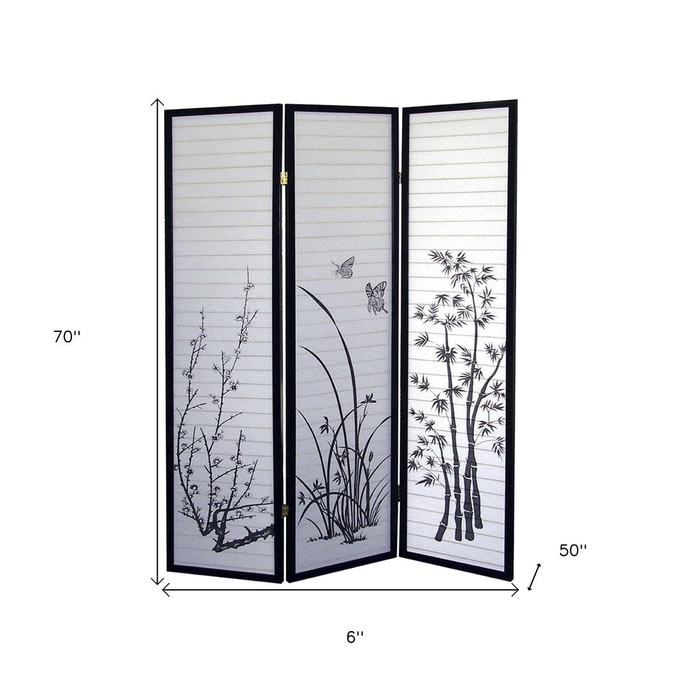 70" Black And White Heavy Duty Rice Paper Folding Three Panel Screen Room Divider HomeRoots