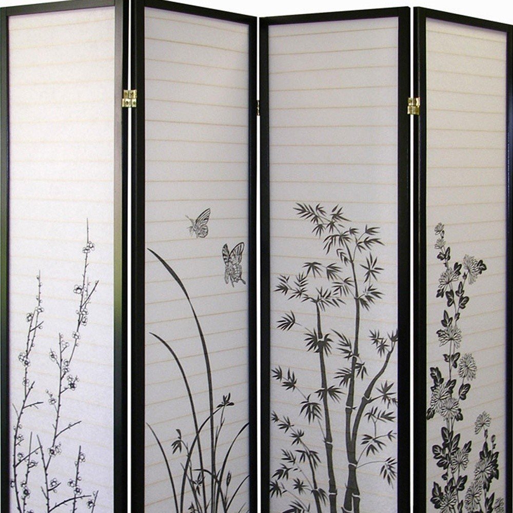 70" Black And White Heavy Duty Rice Paper Folding Four Panel Screen Room Divider HomeRoots