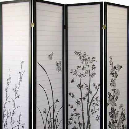 70" Black And White Heavy Duty Rice Paper Folding Four Panel Screen Room Divider HomeRoots