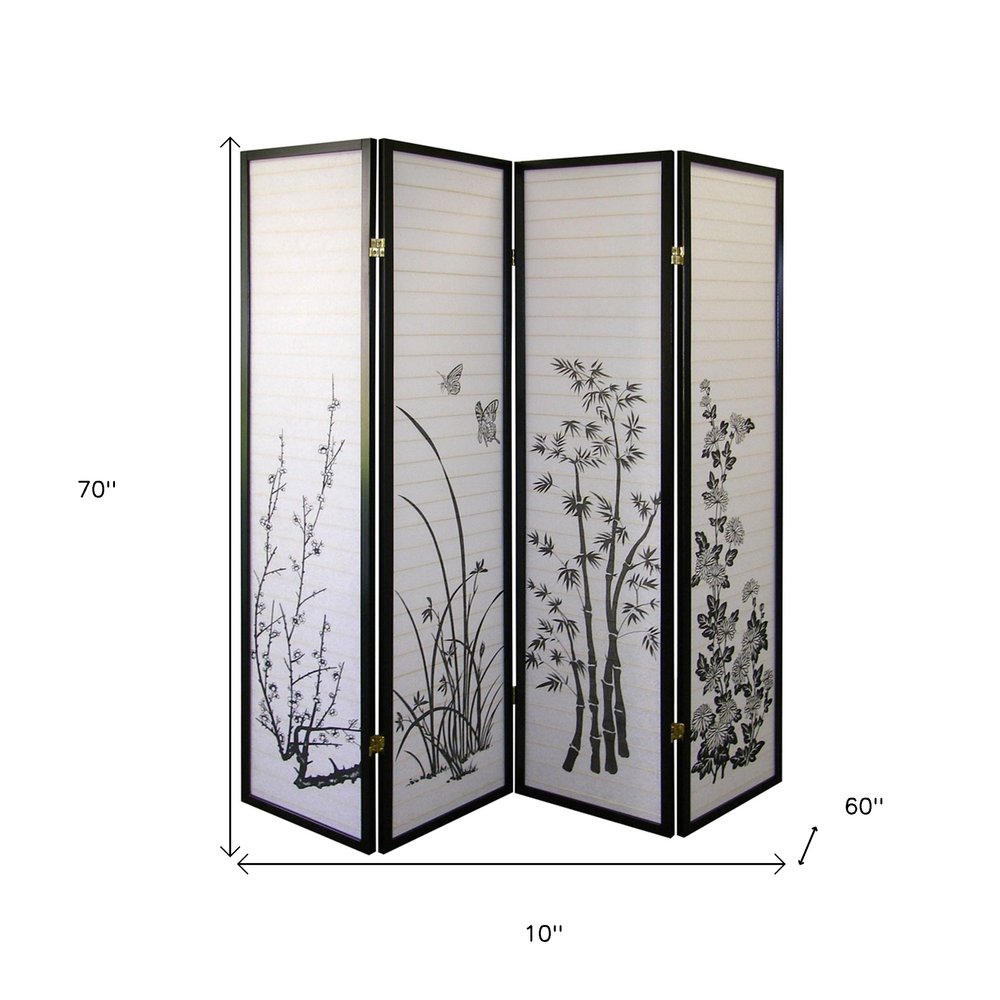 70" Black And White Heavy Duty Rice Paper Folding Four Panel Screen Room Divider HomeRoots