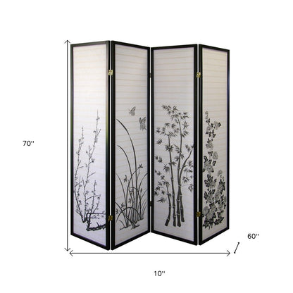 70" Black And White Heavy Duty Rice Paper Folding Four Panel Screen Room Divider HomeRoots