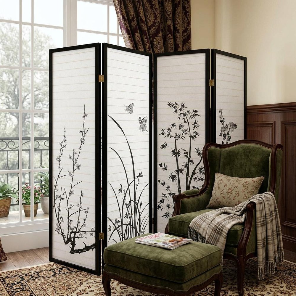 70" Black And White Heavy Duty Rice Paper Folding Four Panel Screen Room Divider HomeRoots