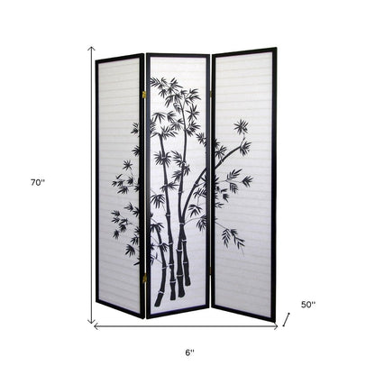 70" Black And White Heavy Duty Rice Paper Folding Three Panel Screen Room Divider HomeRoots