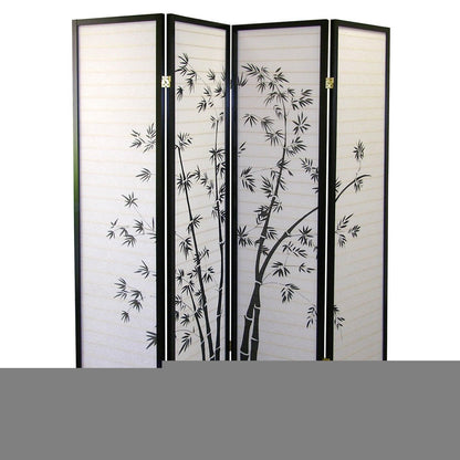70" Black And White Heavy Duty Rice Paper Folding Four Panel Screen Room Divider HomeRoots
