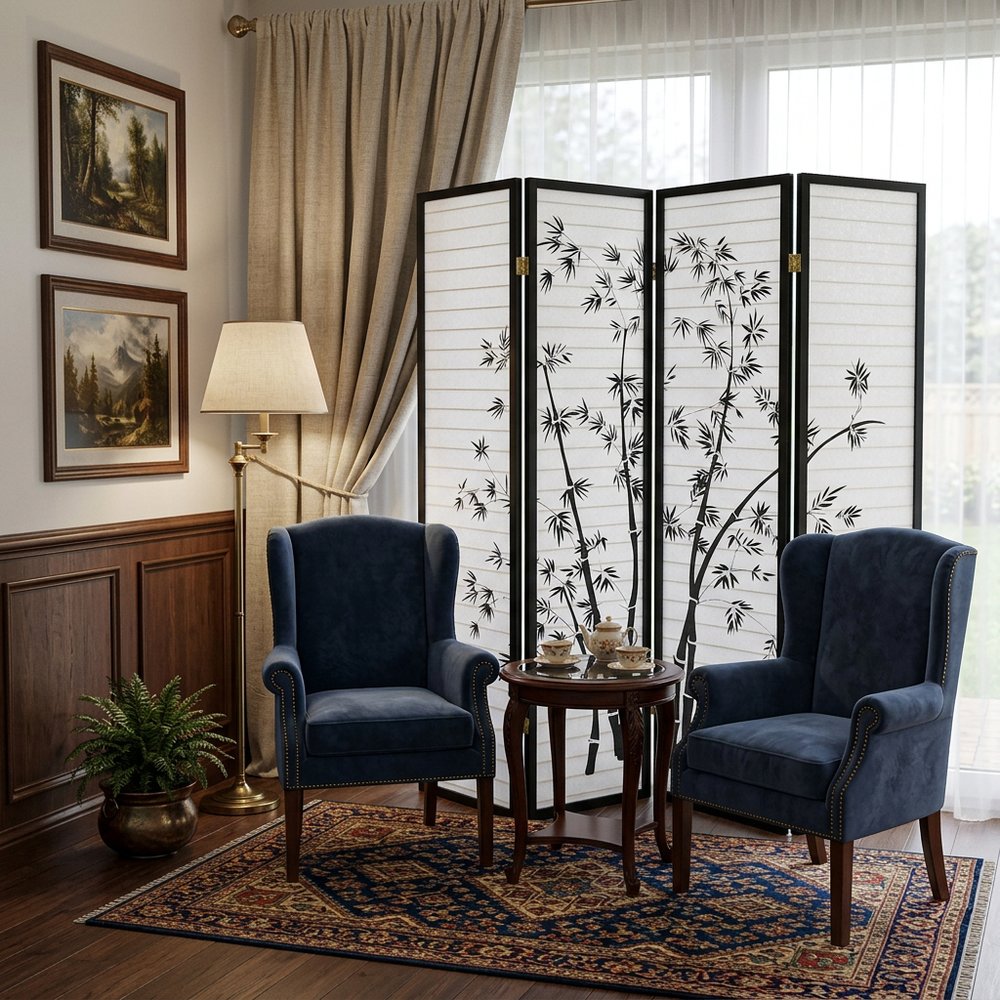 70" Black And White Heavy Duty Rice Paper Folding Four Panel Screen Room Divider HomeRoots