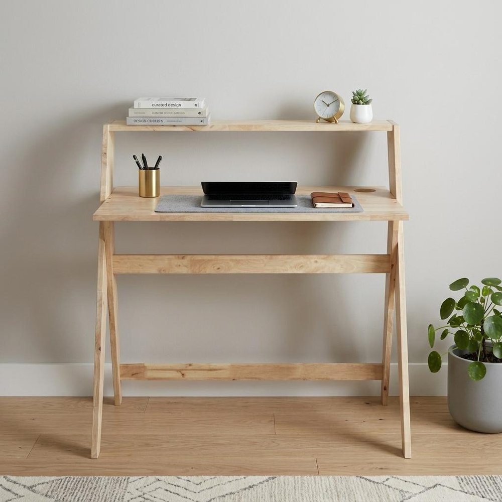 37" Natural Solid Wood Writing Desk With Shelf HomeRoots