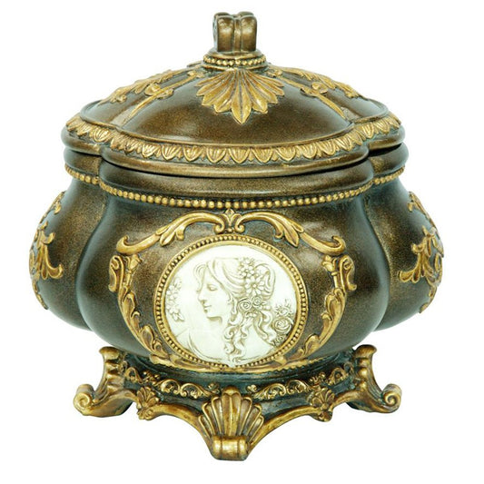9" Bronze Gold And White Resin Floral Scroll Jewelry Box With Lacquer and High-Gloss Finishes HomeRoots
