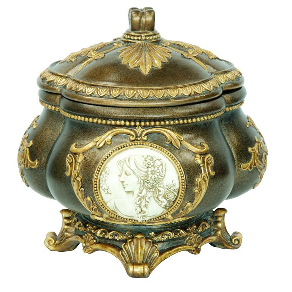 9" Bronze Gold And White Resin Floral Scroll Jewelry Box With Lacquer and High-Gloss Finishes HomeRoots