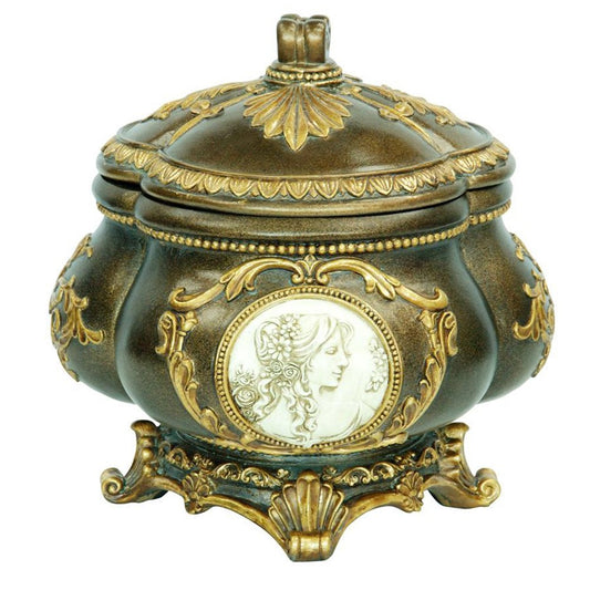 9" Bronze Gold And White Resin Floral Scroll Jewelry Box With Lacquer and High-Gloss Finishes HomeRoots