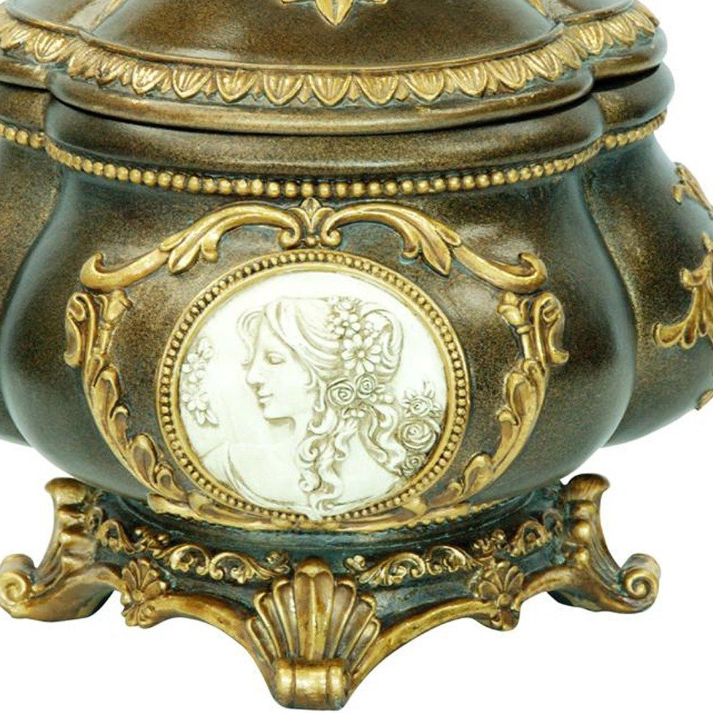9" Bronze Gold And White Resin Floral Scroll Jewelry Box With Lacquer and High-Gloss Finishes — view 3