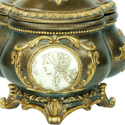 9" Bronze Gold And White Resin Floral Scroll Jewelry Box With Lacquer and High-Gloss Finishes HomeRoots