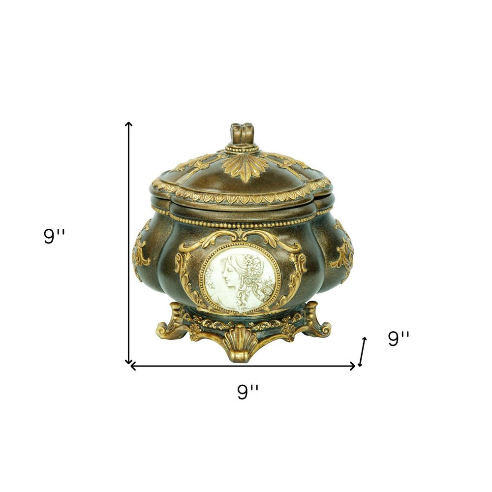 9" Bronze Gold And White Resin Floral Scroll Jewelry Box With Lacquer and High-Gloss Finishes HomeRoots