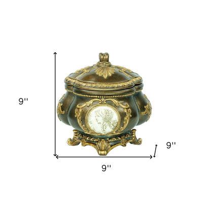 9" Bronze Gold And White Resin Floral Scroll Jewelry Box With Lacquer and High-Gloss Finishes HomeRoots