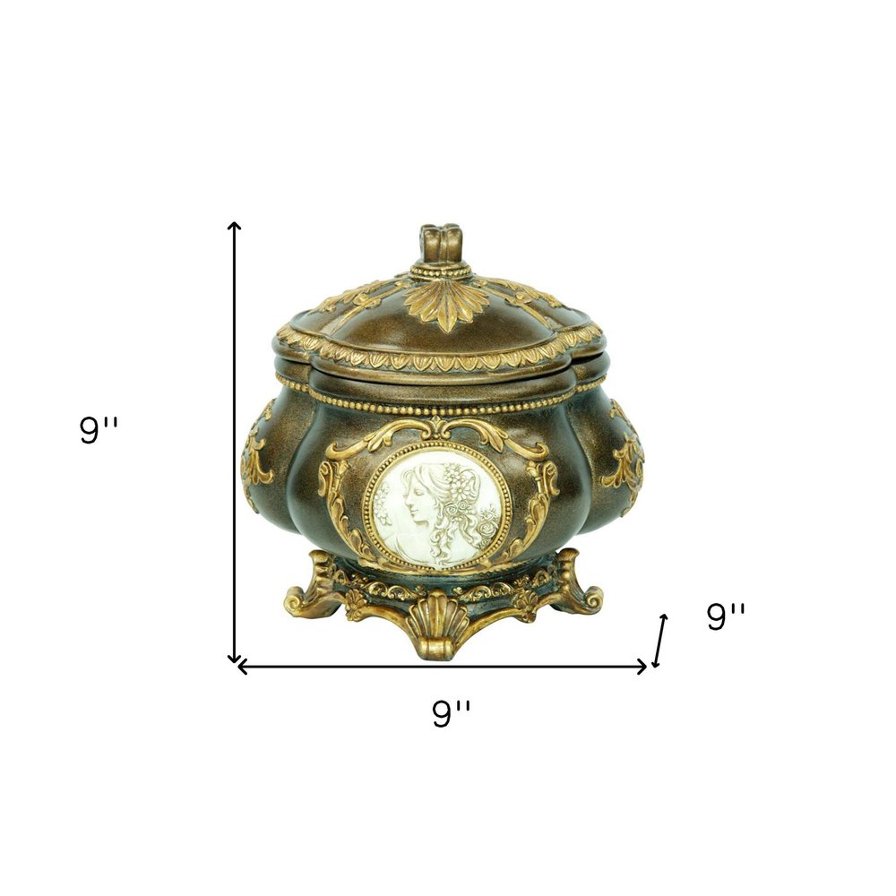 9" Bronze Gold And White Resin Floral Scroll Jewelry Box With Lacquer and High-Gloss Finishes — view 5