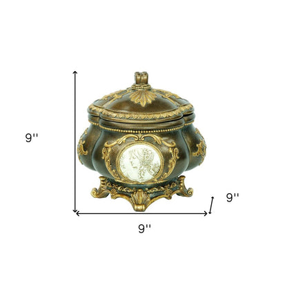 9" Bronze Gold And White Resin Floral Scroll Jewelry Box With Lacquer and High-Gloss Finishes HomeRoots