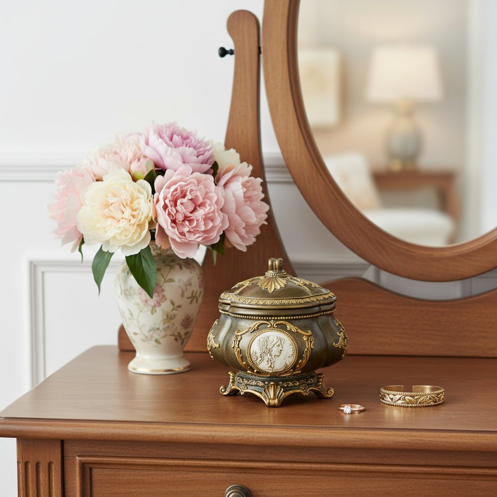 9" Bronze Gold And White Resin Floral Scroll Jewelry Box With Lacquer and High-Gloss Finishes HomeRoots