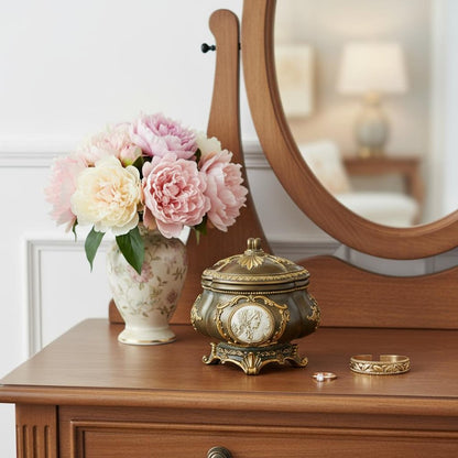 9" Bronze Gold And White Resin Floral Scroll Jewelry Box With Lacquer and High-Gloss Finishes HomeRoots