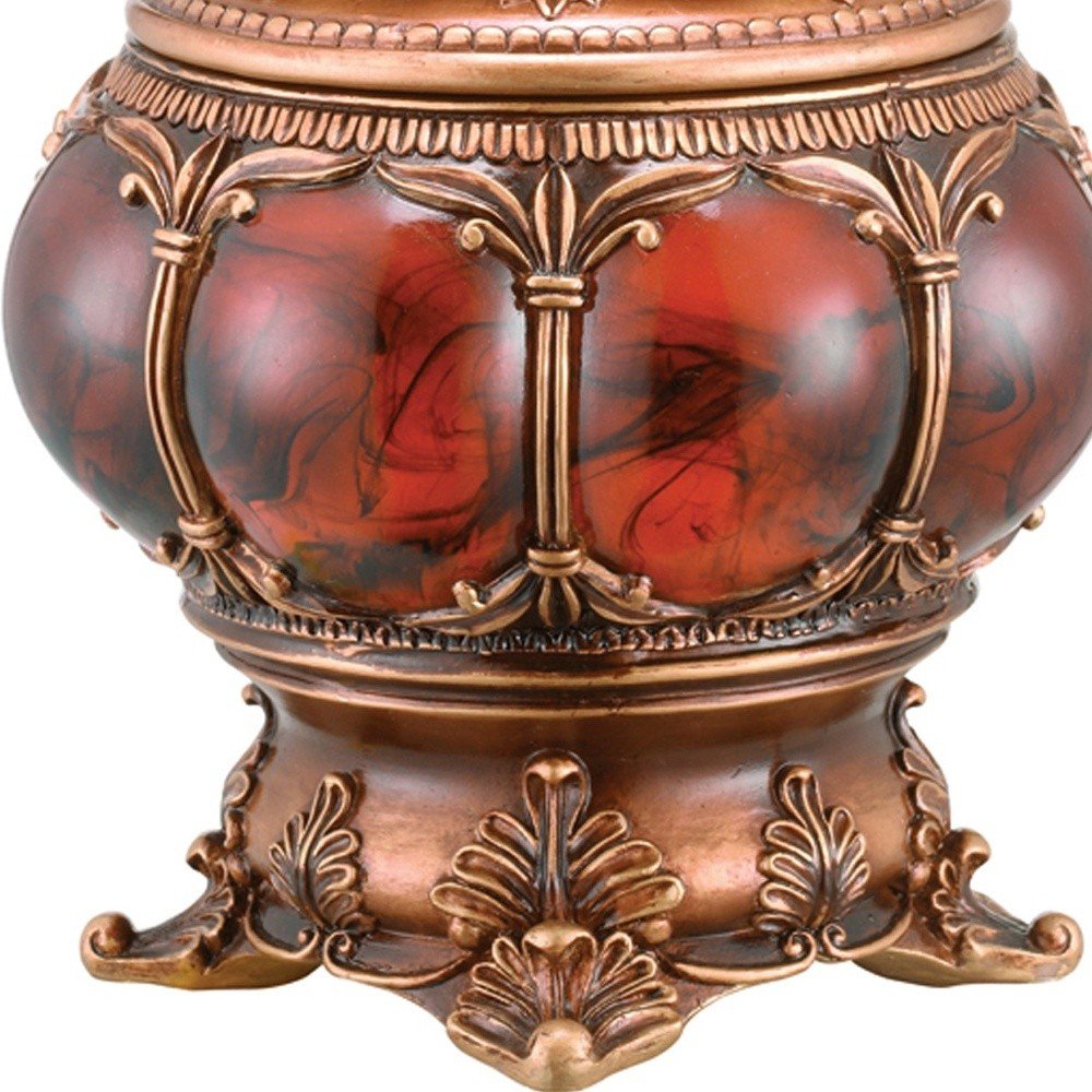 9" Brown Red And Bronze Resin Marbleized Jewelry Box With Gemstones and Crystals HomeRoots