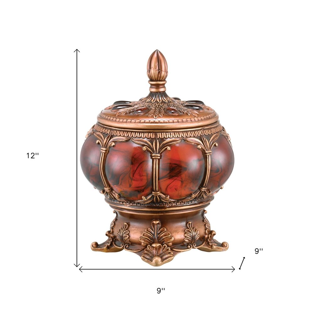 9" Brown Red And Bronze Resin Marbleized Jewelry Box With Gemstones and Crystals HomeRoots