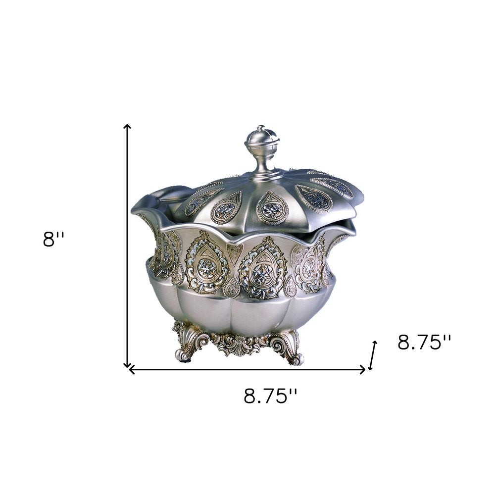 9" Gold And Silver Resin Abstract Scroll Jewelry Box With Lacquer and High-Gloss Finishes HomeRoots