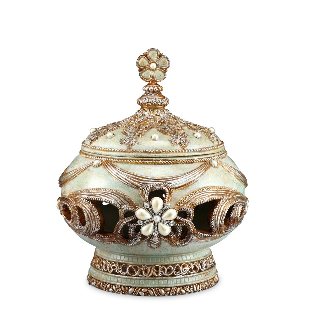 9" Bronze Gold And Light Green Resin Floral Scroll Jewelry Box With Gemstones and Crystals HomeRoots