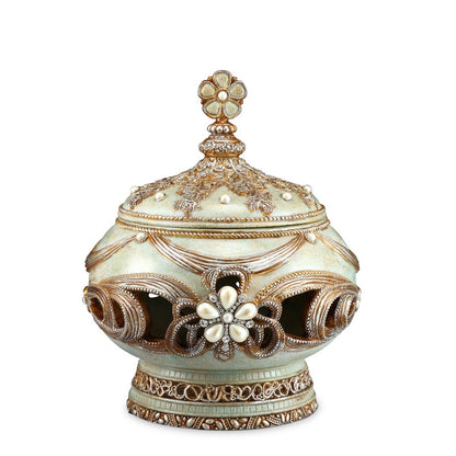 9" Bronze Gold And Light Green Resin Floral Scroll Jewelry Box With Gemstones and Crystals HomeRoots
