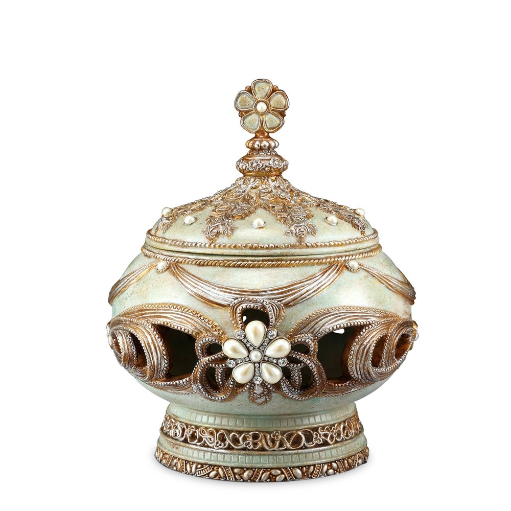 9" Bronze Gold And Light Green Resin Floral Scroll Jewelry Box With Gemstones and Crystals HomeRoots